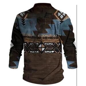 Men’s Digital Print Stand Collar Pullover Tops Casual Fashion 6 Button V Neck Ts